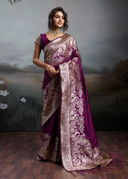 Wine Banarasi Silk Saree