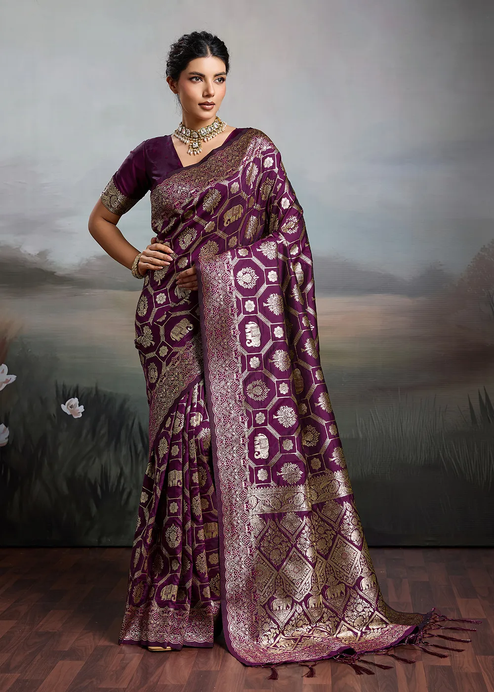 Wine Banarasi Silk Saree with Elephant Zari Motifs Wine Banarasi Silk Saree with Elephant Zari Motifs