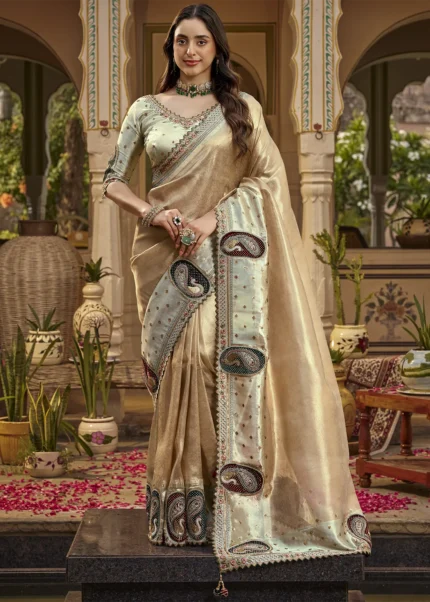 Champagne Gold Embroidered Tissue Silk Saree with Stitched Blouse