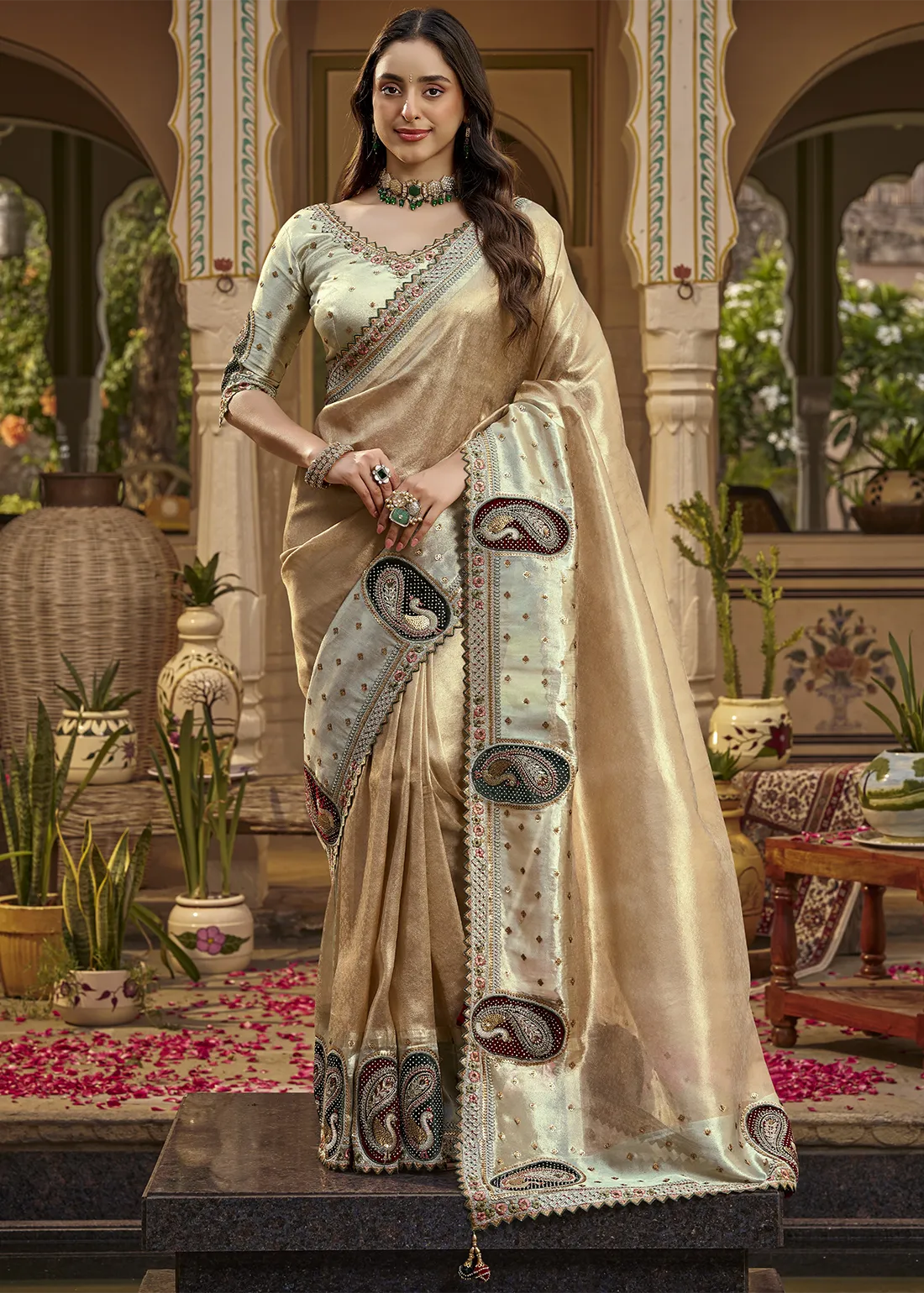 Champagne Gold Embroidered Tissue Silk Saree with Stitched Blouse Champagne Gold Embroidered Tissue Silk Saree with Stitched Blouse