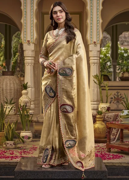 Gold Embroidered Tissue Silk Saree with Stitched Blouse