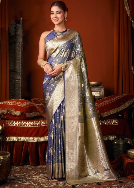 Iridescent Slate Blue Banarasi Saree with Floral Butis