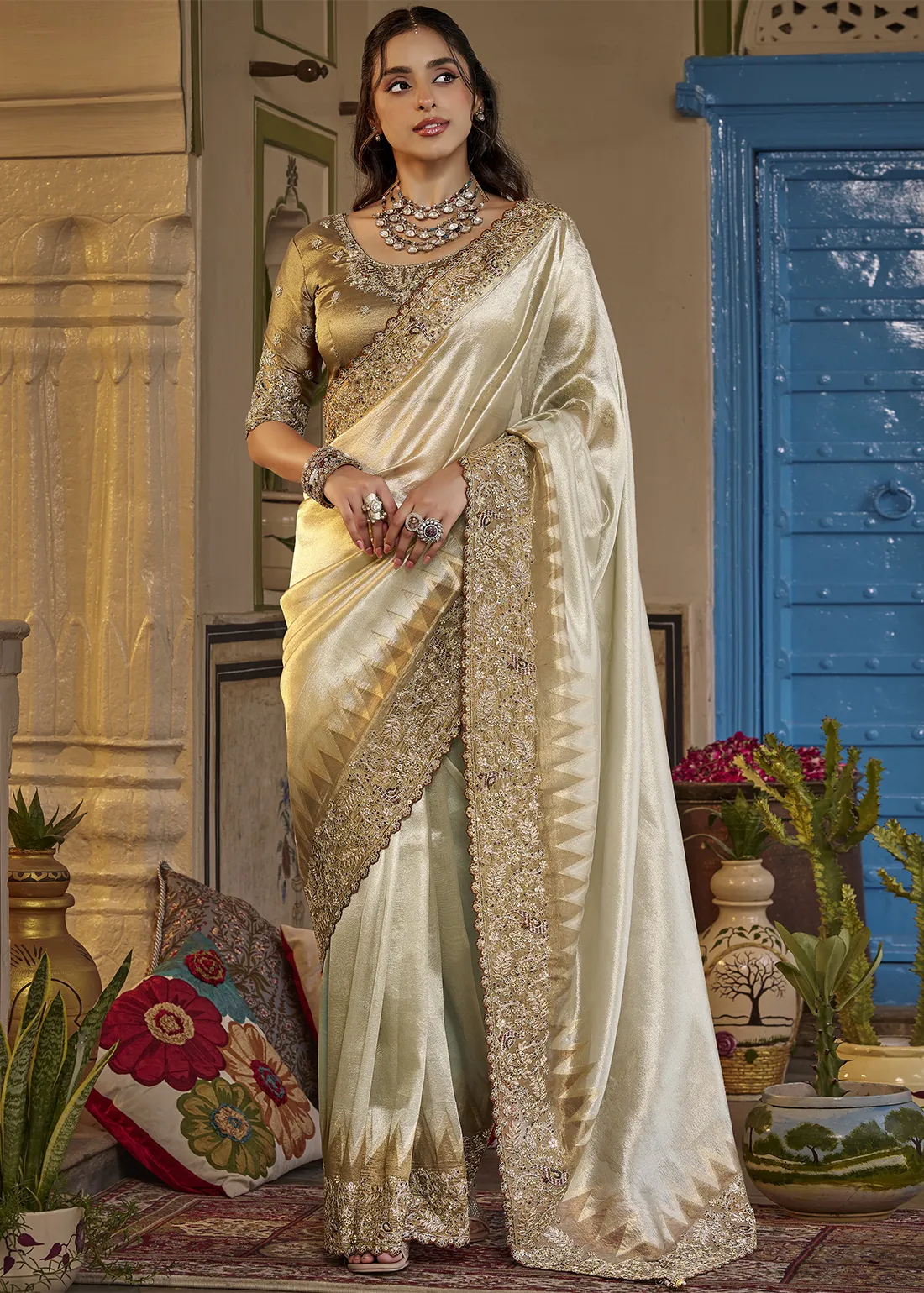 Ivory Gold Embroidered Tissue Silk Saree Ivory Gold Embroidered Tissue Silk Saree