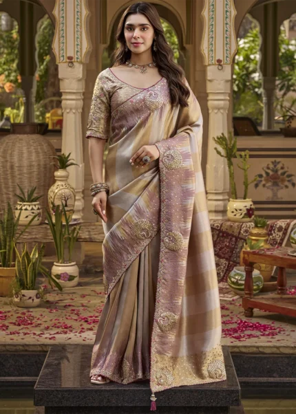 Mauve & Champagne Embroidered Tissue Silk Saree