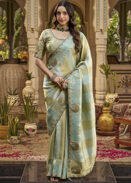 Mint Green & Champagne Embroidered Tissue Silk Saree