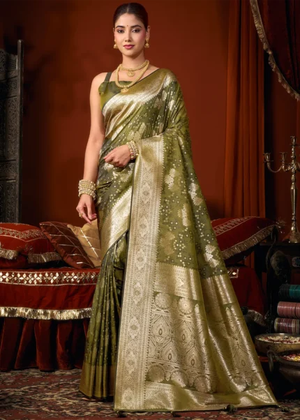 Olive Green Banarasi Saree with Floral Butis
