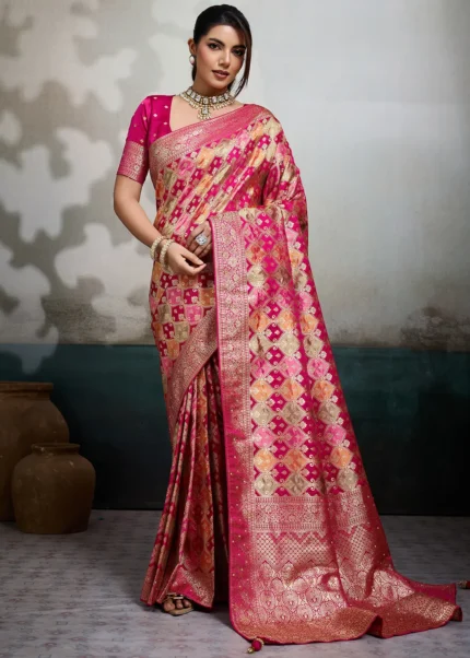 Rani Pink Meenakari Rangkat Banarasi Saree