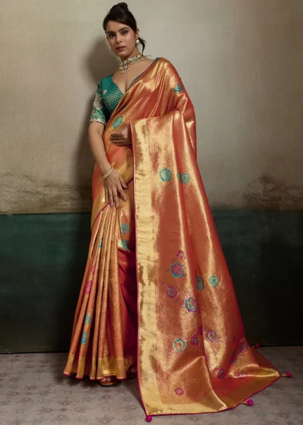 Coral Gold Tissue Silk Banarasi Saree with Meenakari Work
