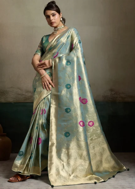 Ice Blue Tissue Silk Banarasi Saree with Meenakari Work