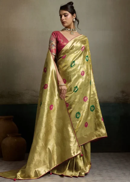 Mustard Gold Tissue Silk Banarasi Saree with Meenakari Work