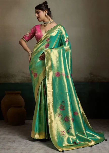 Teal Green Tissue Silk Banarasi Saree with Meenakari Work