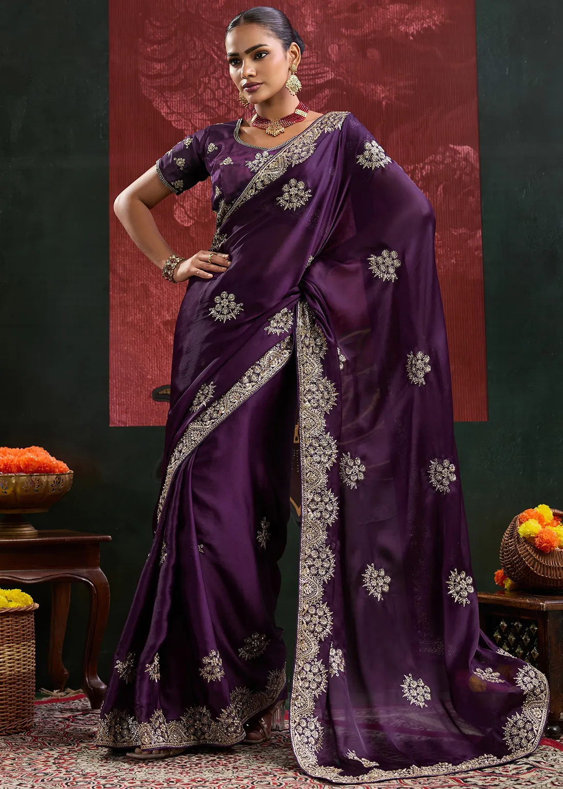 Aubergine Purple Embroidered Chiffon Saree Aubergine Purple Embroidered Chiffon Saree