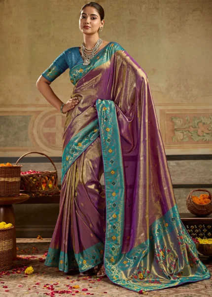 Aubergine Purple Tissue Silk Paithani Saree with Teal Blouse