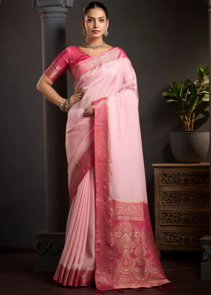 Baby Pink Banarasi Silk Saree with Contrast Fuchsia Blouse
