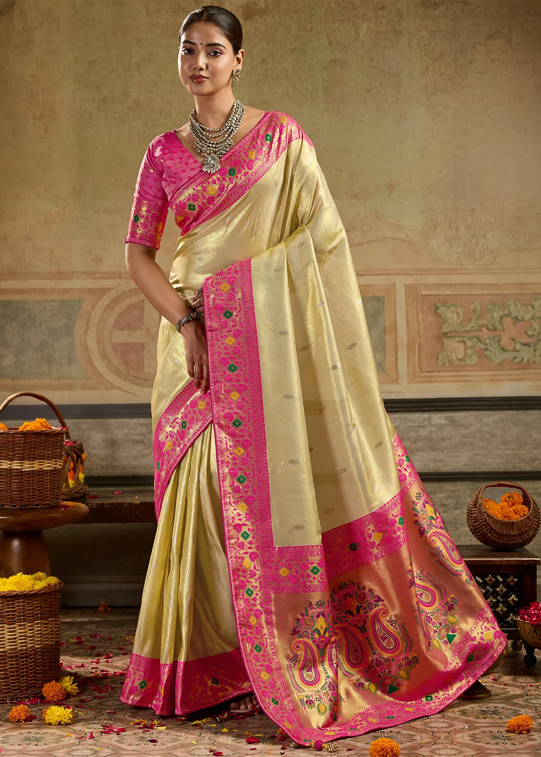 Champagne Beige Tissue Silk Paithani Saree with Rani Pink Blouse Champagne Beige Tissue Silk Paithani Saree with Rani Pink Blouse