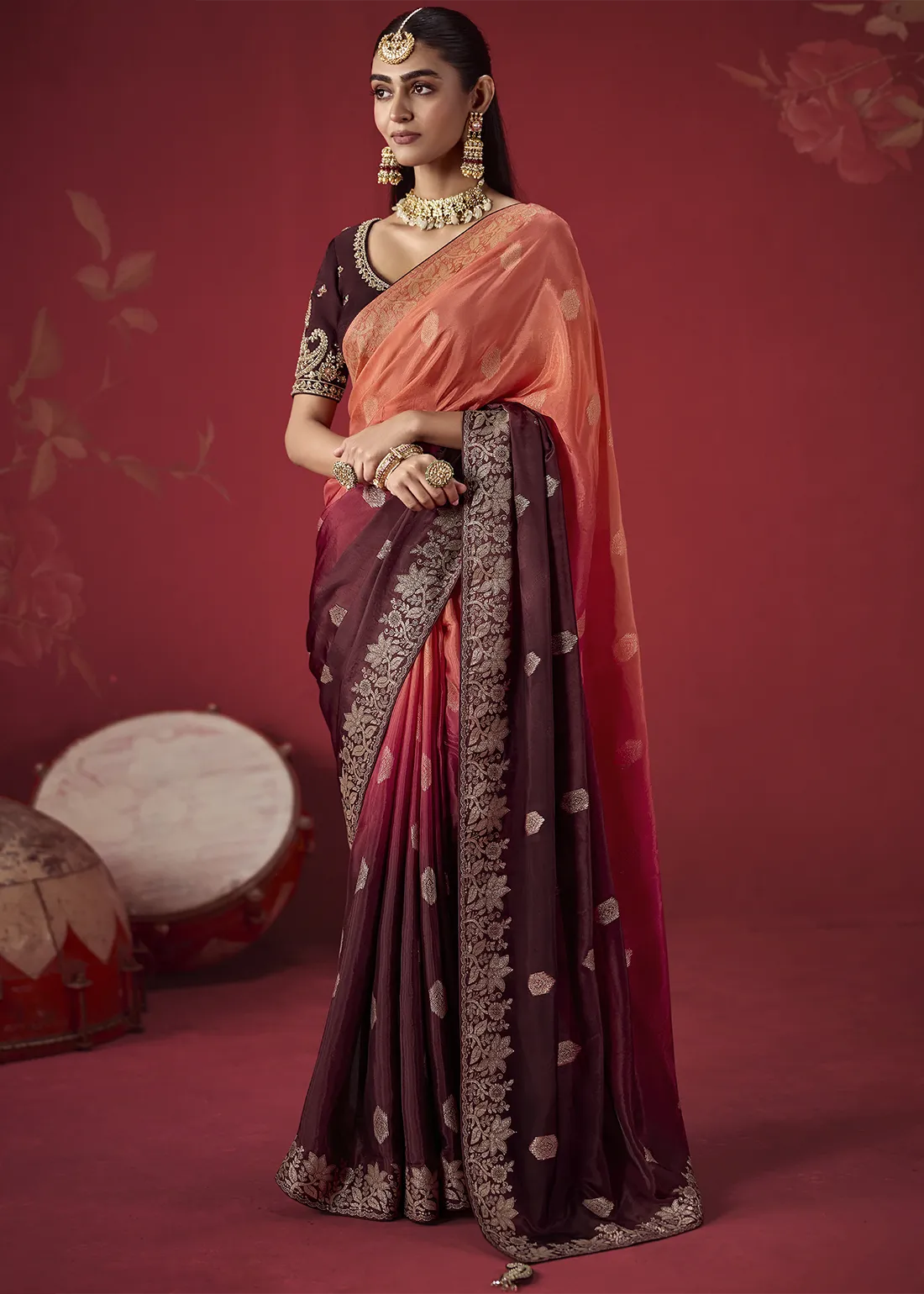 Coral & Maroon Banarasi Dola Silk Saree Coral & Maroon Banarasi Dola Silk Saree