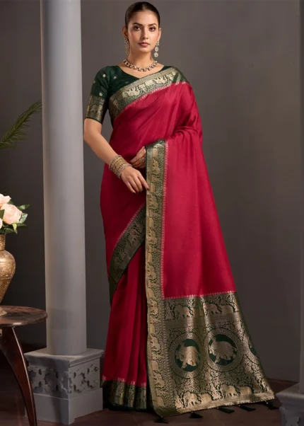 Crimson Red Banarasi Silk Saree with Emerald Green Blouse