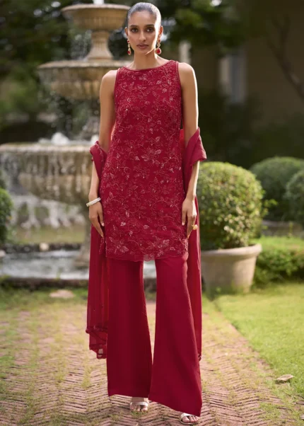 Crimson Red Georgette Palazzo Suit