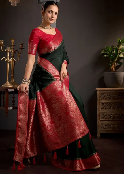 Emerald Green Banarasi Silk Saree with Crimson Red Blouse