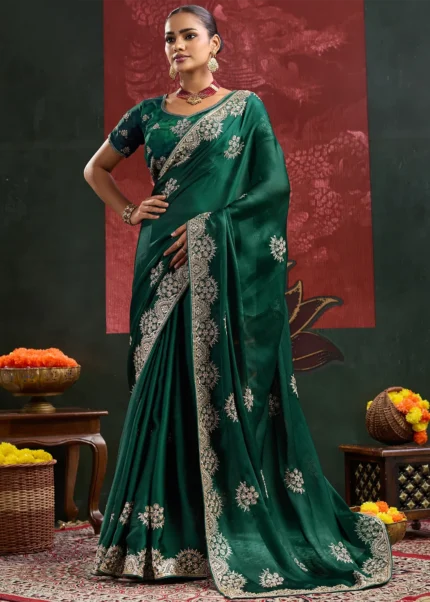 Emerald Green Embroidered Chiffon Saree