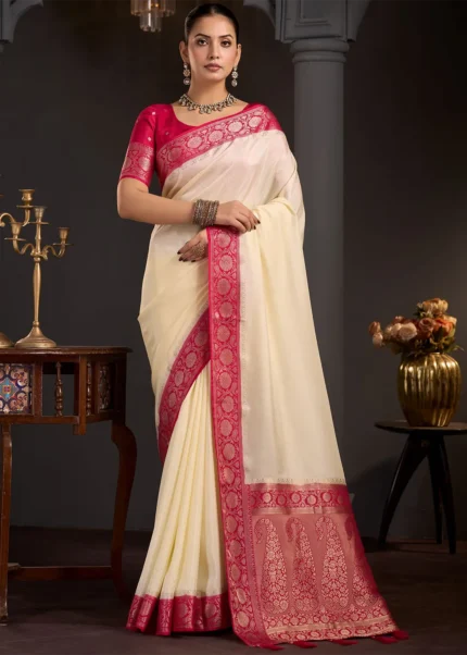 Ivory Banarasi Silk Saree with Rani Pink Blouse