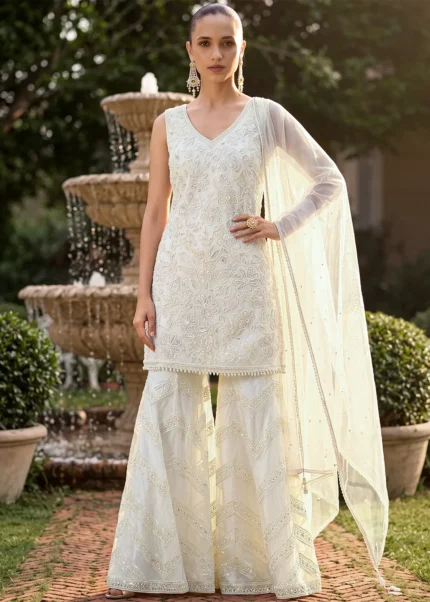 Ivory Georgette Sharara Suit with Cutdana and Sequin Work
