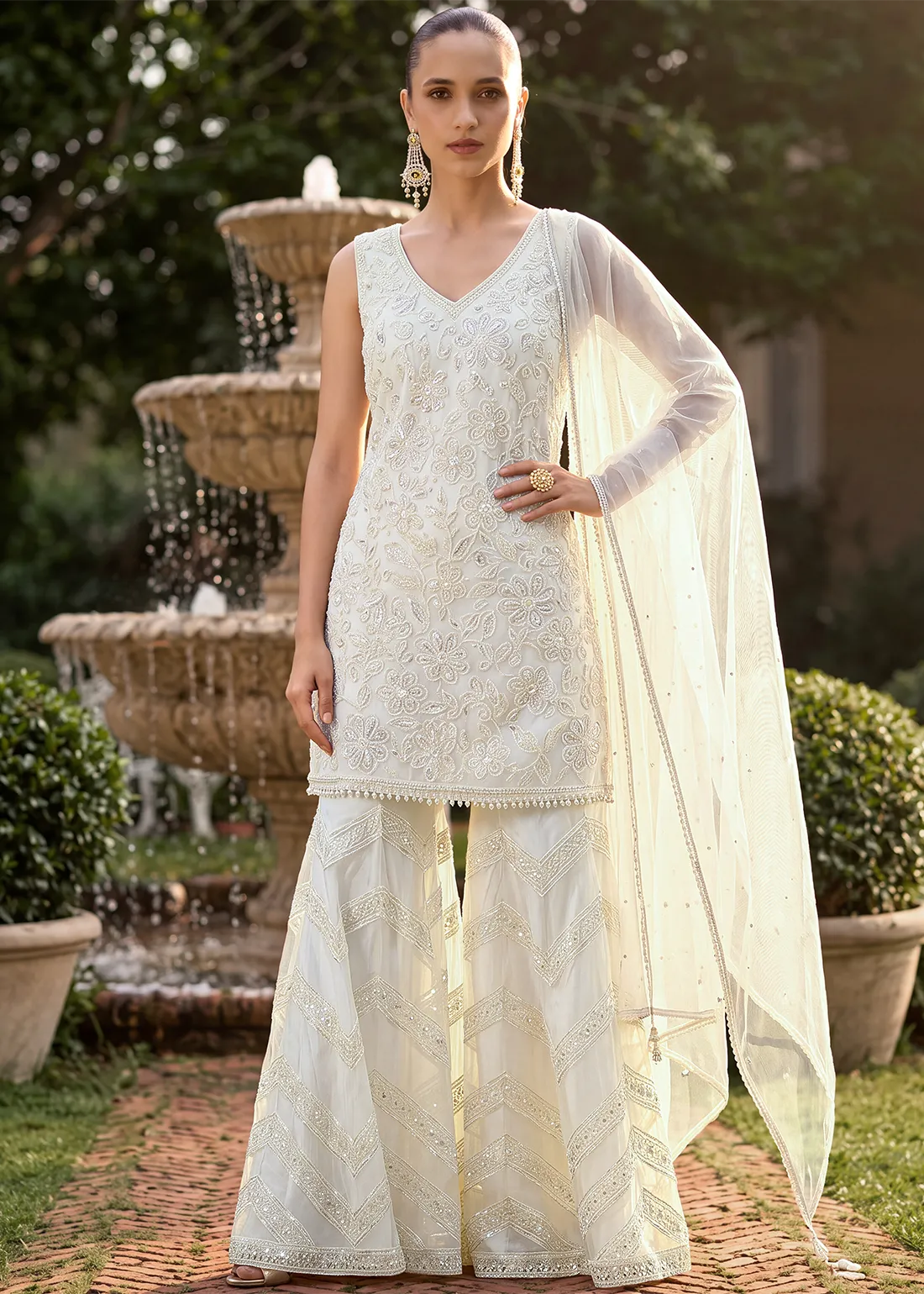Ivory Georgette Sharara Suit with Cutdana and Sequin Work Ivory Georgette Sharara Suit with Cutdana and Sequin Work
