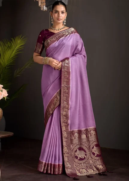 Lavender Banarasi Silk Saree with Contrast Plum Blouse
