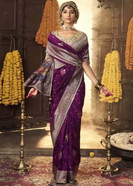Magenta Banarasi Saree with Embroidered Blouse