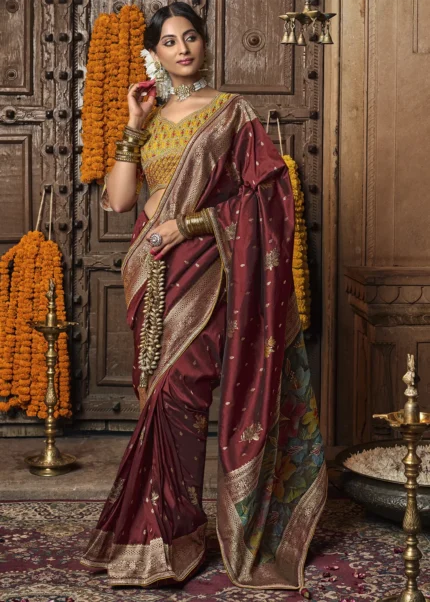 Maroon Banarasi Saree with Yellow Embroidered Blouse