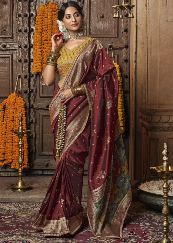 Maroon Banarasi Saree with Yellow Embroidered Blouse
