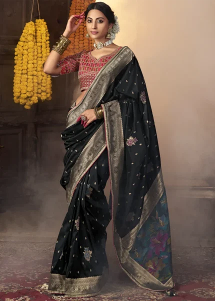 Midnight Black Banarasi Saree with Embroidered Blouse