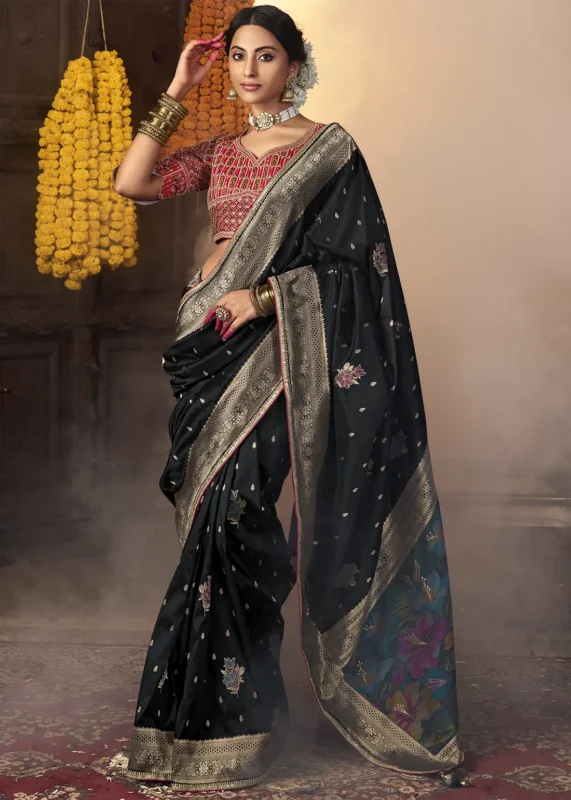 Midnight Black Banarasi Saree with Embroidered Blouse