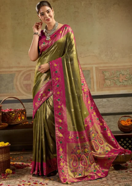 Olive Green Tissue Silk Paithani Saree with Rani Pink Blouse