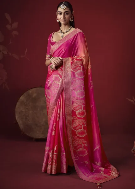 Ombré Fuchsia & Orange Banarasi Dola Silk Saree