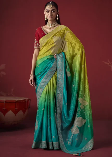 Ombré Lime Green & Teal Banarasi Dola Silk Saree