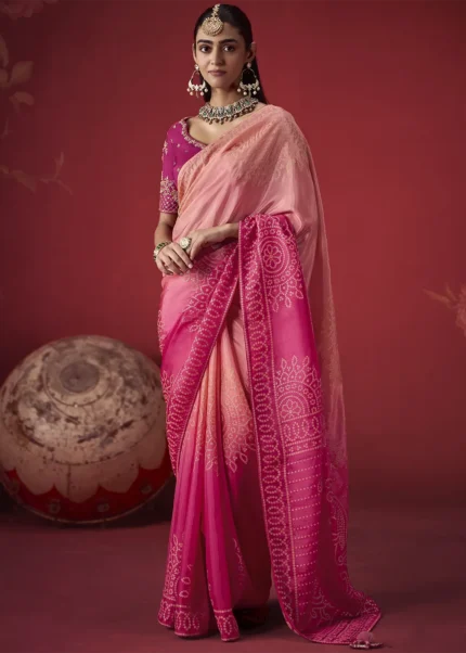 Ombre Peach and Magenta Dola Silk Banarasi Saree