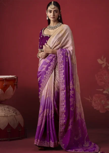 Ombré Pink & Plum Banarasi Dola Silk Saree