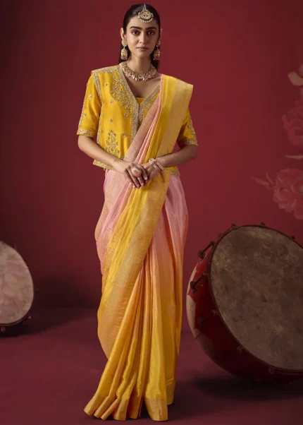 Ombre Pink and Yellow Dola Silk Banarasi Saree