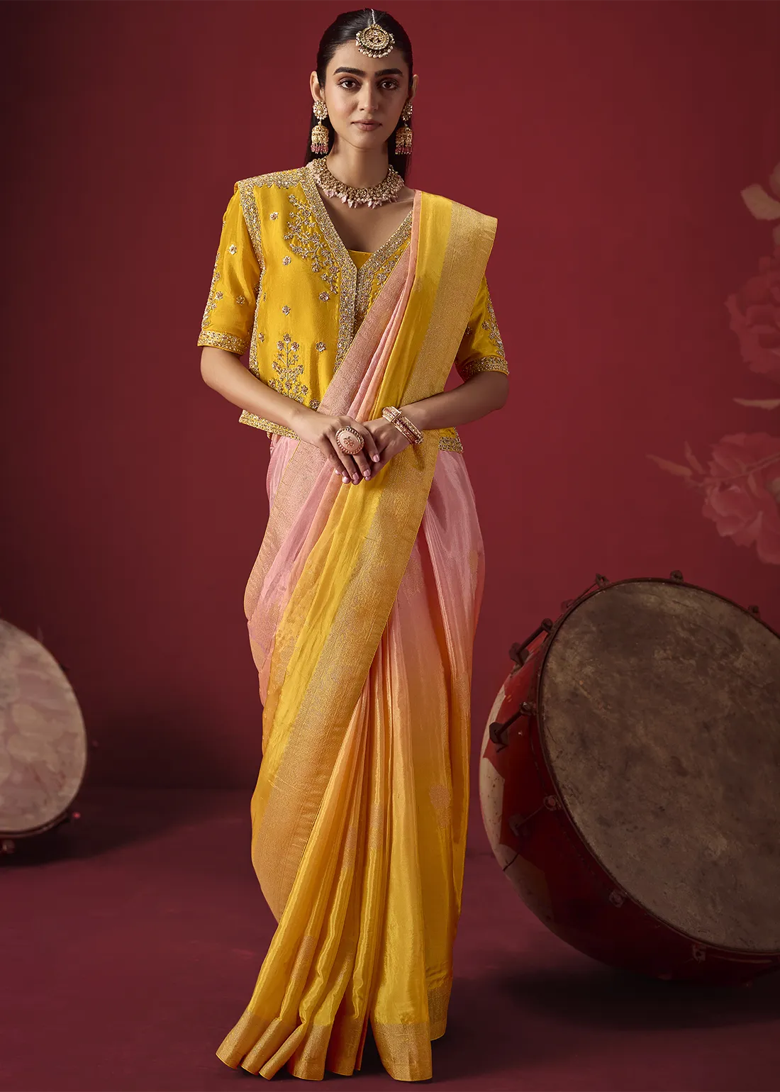 Ombre Pink and Yellow Dola Silk Banarasi Saree Ombre Pink and Yellow Dola Silk Banarasi Saree
