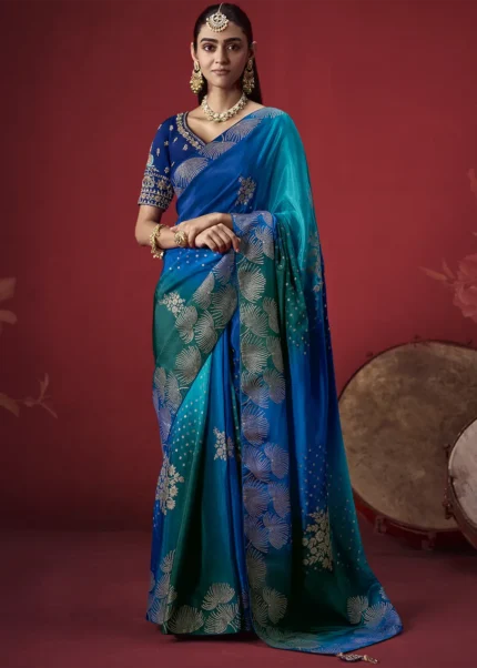 Ombre Royal Blue and Teal Dola Silk Banarasi Saree