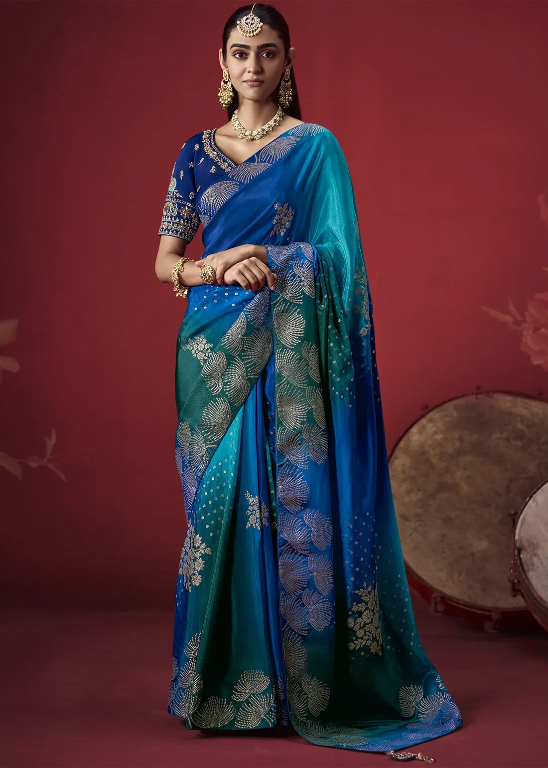 Ombre Royal Blue and Teal Dola Silk Banarasi Saree Ombre Royal Blue and Teal Dola Silk Banarasi Saree