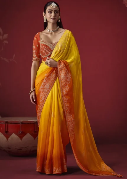Ombré Yellow & Orange Banarasi Dola Silk Saree
