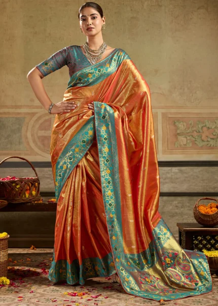 Orange Tissue Silk Paithani Saree with Teal Blouse