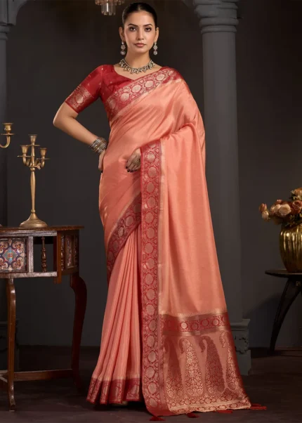 Peach Banarasi Silk Saree with Contrast Crimson Red Blouse