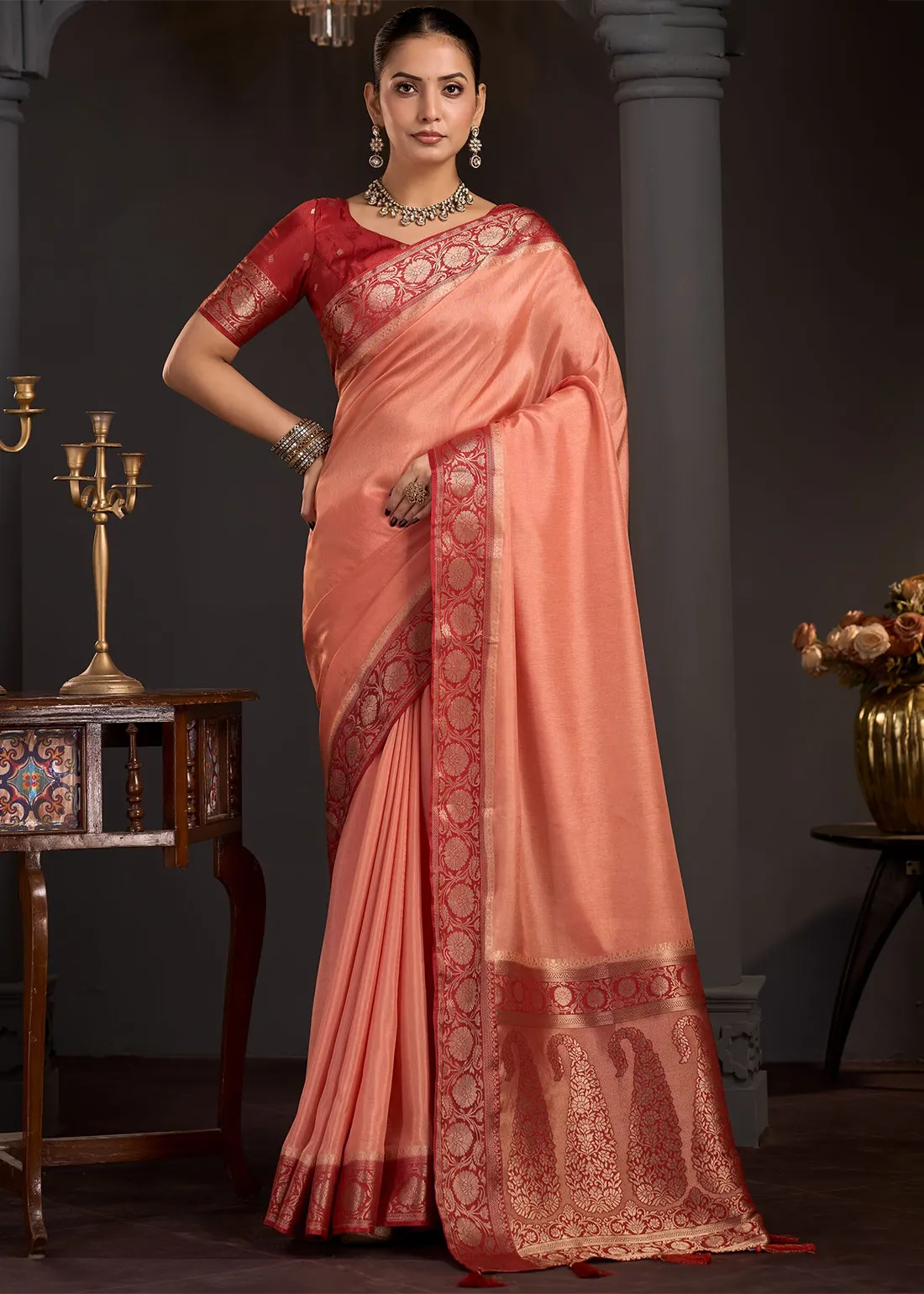 Peach Banarasi Silk Saree with Contrast Crimson Red Blouse Peach Banarasi Silk Saree with Contrast Crimson Red Blouse