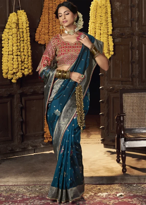 Peacock Blue Banarasi Saree with Embroidered Blouse