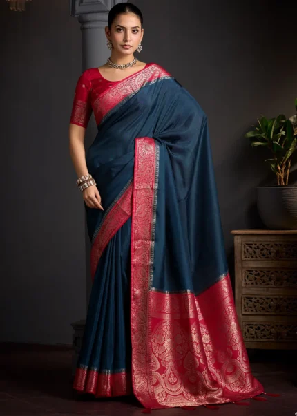 Peacock Blue Banarasi Silk Saree with Crimson Red Blouse