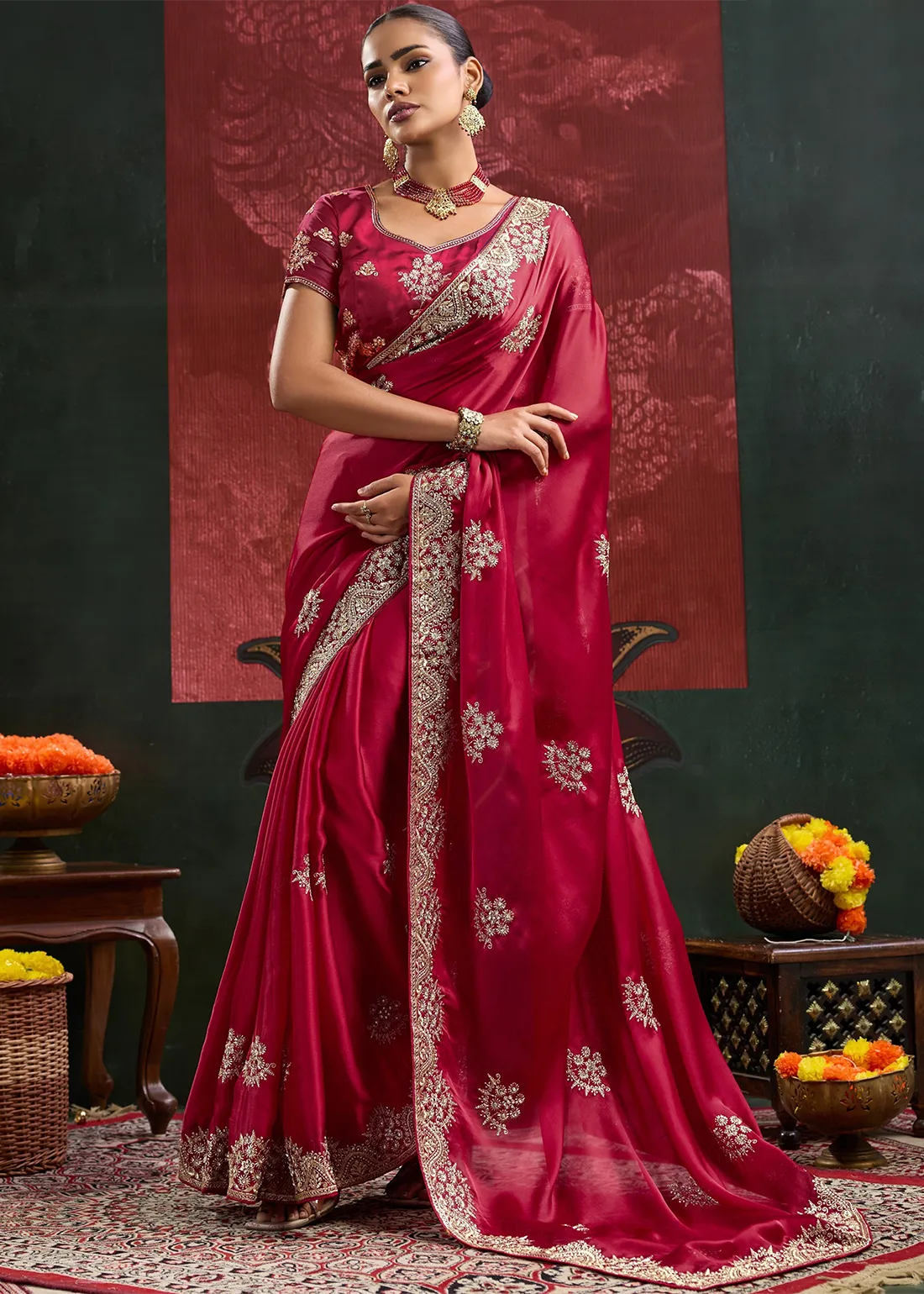 Ruby Red Embroidered Chiffon Saree with Zari & Zarkan Work Ruby Red Embroidered Chiffon Saree with Zari & Zarkan Work
