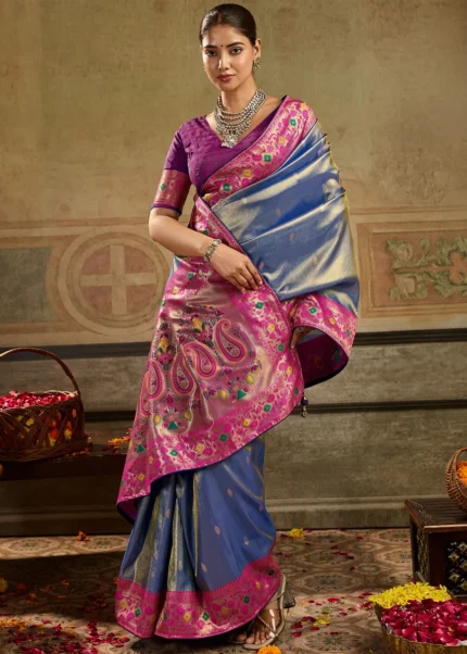 Sapphire Blue Tissue Silk Paithani Saree with Rani Pink Blouse